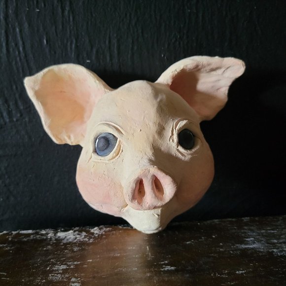 Hand Made Pig Face Sculpture Wall Art, Signed, Whimsical Wall Art, Nursery Decor - Picture 1 of 11